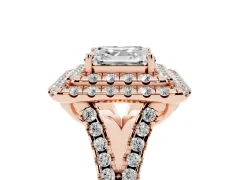 Asscher Cut Diamond Double Halo Ring Set in Rose gold with Pavé Split Shank and Prong Setting