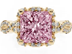 Fancy Pink Princess Cut Diamond Halo Twist Band Solitaire Ring Set in Yellow gold with Prong-Set Center Stone