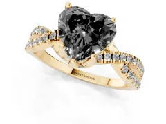 Fancy Black Heart Cut Diamond Twist Pavé Solitaire Engagement Ring Set in Yellow gold with Prong Setting