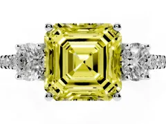 Fancy Yellow Asscher Cut Diamond Three-Stone Ring Set in Silver with Pavé Band and Graduated Sides