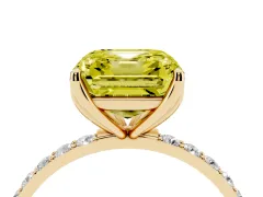 Fancy Yellow Asscher Cut Diamond Solitaire Engagement Ring Set in Yellow gold with Round Pavé Band and Prong Setting