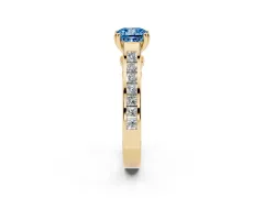 Fancy Blue Cushion Cut Diamond Channel Set Solitaire Engagement Ring Set in Yellow gold with Prong Setting