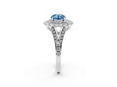 Fancy Blue Round Cut Diamond Double Halo Ring Set in White gold with Pavé Split Shank and Prong Setting