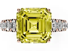Fancy Yellow Asscher Cut Diamond Solitaire Ring Set in Rose gold with Cut-Down Micro Pavé Band and Prong Setting