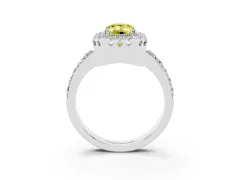 Fancy Yellow Emerald Cut Diamond Halo Ring Set in White gold with Pavé Shank and Prong Setting