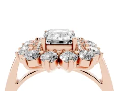 Emerald Cut Diamond Floral Double Halo Ring Set in Rose gold with Round Petals