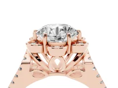 Round Cut Diamond Floral Halo Split Shank Engagement Ring Set in Rose gold with Pavé Shank