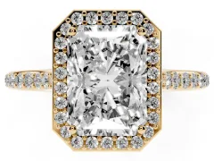 Radiant Cut Diamond Halo Engagement Ring Set in Yellow gold with Round Pavé Shoulders and Heart Gallery