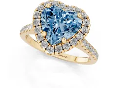 Fancy Blue Heart Cut Diamond Cushion Halo Ring Set in Yellow gold with Pavé Band