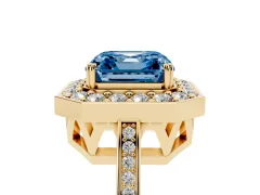 Fancy Blue Asscher Cut Diamond Halo Ring Set in Yellow gold with Accent-Lined Split Shank and Prong Setting