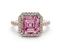 Fancy Pink Asscher Cut Diamond Halo Ring Set in Rose gold with Pavé Shoulders and Halo-Framed Center