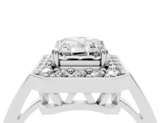 Radiant Cut Diamond Halo Ring Set in Silver with Accent-Lined Split Shank and Prong Setting