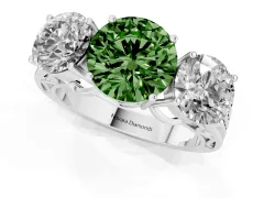 Fancy Green Round Cut Diamond Three-Stone Ring Set in Platinum with Textured Band
