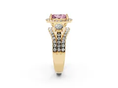 Fancy Pink Oval Cut Diamond Halo Split Shank Ring Set in Yellow gold with Round Accent Stones and Prong Setting