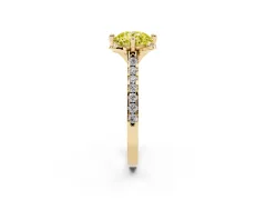 Fancy Yellow Round Cut Diamond Solitaire Ring Set in Yellow gold with Pavé Band and Floral Prong Setting