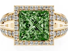 Fancy Green Princess Cut Diamond Halo Ring Set in Yellow gold with Double Pavé Split Shank