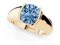 Fancy Blue Round Cut Diamond Bezel Solitaire Ring Set in Yellow gold with Wide Band