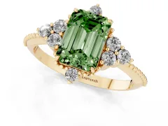 Fancy Green Emerald Cut Diamond Cluster Ring Set in Yellow gold with Beaded Band