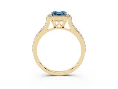 Fancy Blue Asscher Cut Diamond Halo Engagement Ring Set in Yellow gold with Round Pavé Shoulders and Heart Gallery