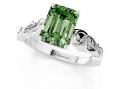 Fancy Green Emerald Cut Diamond Vine Band Solitaire Ring Set in Silver with Milgrain Prong Setting