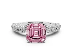 Fancy Pink Asscher Cut Diamond Solitaire Ring Set in Silver with Shared Prong Pavé Band