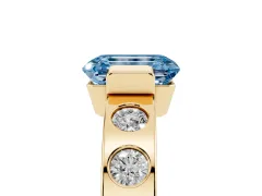 Fancy Blue Emerald Cut Diamond Channel-Set Band Ring Set in Yellow gold with Bezel Prong Setting