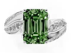 Fancy Green Emerald Cut Diamond Solitaire Ring Set in White gold with Layered Twist Pavé Band