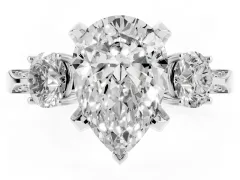 Pear Cut Diamond Three-Stone Ring Set in Silver with Pavé Band and Smaller Side Stones