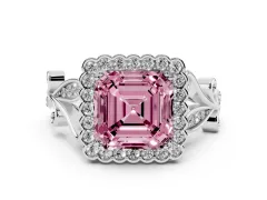 Fancy Pink Asscher Cut Diamond Halo Ring Set in Platinum with Leaf Motif Split Shank and Prong Setting