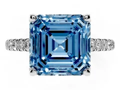 Fancy Blue Asscher Cut Diamond Solitaire Ring Set in Platinum with Brilliant Pavé Band and Prong Setting