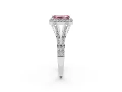 Fancy Pink Emerald Cut Diamond Halo Split Shank Pavé Ring Set in Platinum with Prong Setting