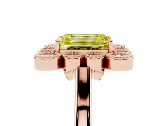 Fancy Yellow Emerald Cut Diamond Cluster Halo Ring Set in Rose gold with Milgrain Bezel Accents and Plain Band