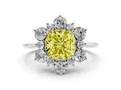 Fancy Yellow Cushion Cut Diamond Cluster Halo Ring Set in White gold with Solitaire Band and Prong Setting