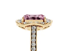Fancy Pink Emerald Cut Diamond Halo Ring Set in Yellow gold with Pavé-Lined Shoulders and Prong Setting