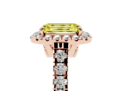 Fancy Yellow Emerald Cut Diamond Halo Engagement Ring Set in Rose gold with Pavé Band and Prong-Set Center