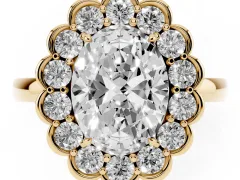 Oval Cut Diamond Halo Cluster Engagement Ring Set in Yellow gold with Solitaire Band and Prong Setting