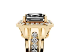 Fancy Black Asscher Cut Diamond Halo Ring Set in Yellow gold with Pavé and Bezel Accent Split Shank