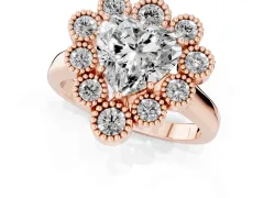 Heart Cut Diamond Cluster Halo Ring Set in Rose gold with Milgrain Bezel Accents and Plain Band