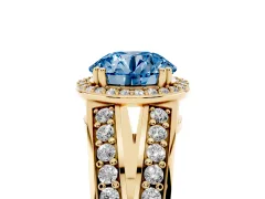 Fancy Blue Round Cut Diamond Halo Ring Set in Yellow gold with Double Pavé Split Shank