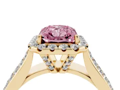 Fancy Pink Radiant Cut Diamond Halo Ring Set in Yellow gold with Pavé Band and Raised Center Setting