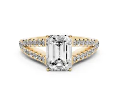 Emerald Cut Diamond Split Shank Pavé Engagement Ring Set in Yellow gold with Prong-Held Center Stone