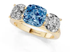Fancy Blue Cushion Cut Diamond Three-Stone Ring Set in Yellow gold with Plain Polished Band