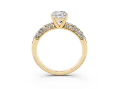 Cushion Cut Diamond Pavé Band Solitaire Ring Set in Yellow gold with Close-Set Accent Stones and Prong Setting
