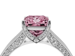 Fancy Pink Princess Cut Diamond Solitaire Ring Set in White gold with Milgrain-Edged Pavé Band and Prong Setting