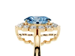 Fancy Blue Oval Cut Diamond Halo Cluster Engagement Ring Set in Yellow gold with Solitaire Band and Prong Setting