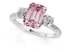 Fancy Pink Emerald Cut Diamond Three-Stone Ring Set in Platinum with Pavé Band and Graduated Sides