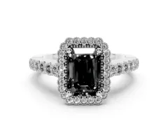 Fancy Black Radiant Cut Diamond Halo Ring Set in White gold with Pavé Milgrain Band