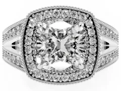 Cushion Cut Diamond Halo Ring Set in Platinum with Stone-Set Split Shank and Milgrain Edges