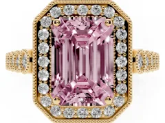 Fancy Pink Emerald Cut Diamond Milgrain Halo Solitaire Ring Set in Yellow gold with Bezel Set Side Stones and Pavé Band