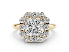 Princess Cut Diamond Milgrain Halo Solitaire Ring Set in Yellow gold with Bezel Set Side Stones and Pavé Band